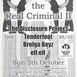 Poster - Identify the Real Criminal II, Refugee Action Collective, 2002