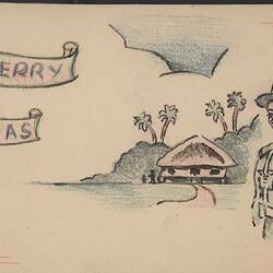 Card on off-white paper with colour illustration of a soldier in front of a beach and hut in pencil and ink.