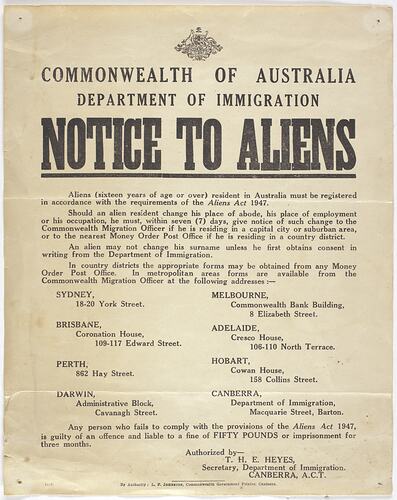 Poster - Notice to Aliens, Department of Immigration