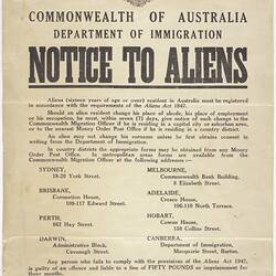 Poster - Notice to Aliens, Department of Immigration, 1950s
