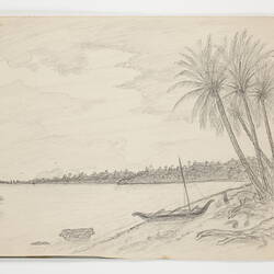 Off-white open book page, with drawing of a beach, with palm trees and small boat on shore.
