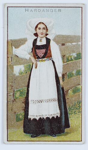Card - National Costume, Hardanger Female, blue dress, circa 1900