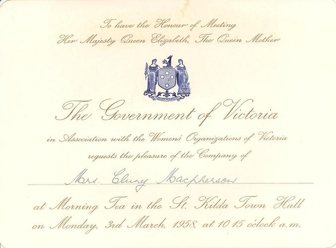 Invitation - To Mrs Cluny Macpherson, Mother of Hope Macpherson, to Attend Morning Tea and Meet the Queen Mother, Melbourne, 3 Mar 1958