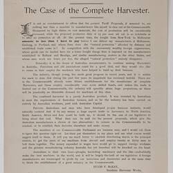 Circular Letter & Statement - Duties on Agricultural Implements, 'The Case of the Complete Harvester', H. V. McKay, 10 Dec 1901