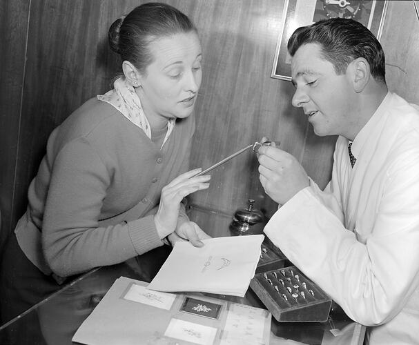 Customer and Employee at Diamond Cutters, Melbourne, Victoria, Jul 1958