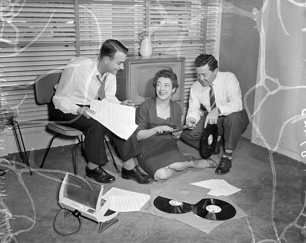 Two Men and a Woman with Records, Melbourne, Victoria, Aug 1957