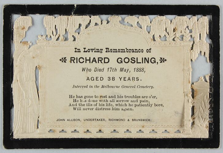 Card - Memorial Card, Richard Gosling, Melbourne, 17 May 1888