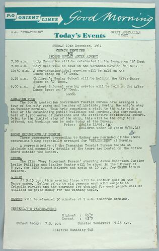 Information Sheet - P&O SS Stratheden, 'Today's Events', Great Australian Bight, 10 Dec 1961