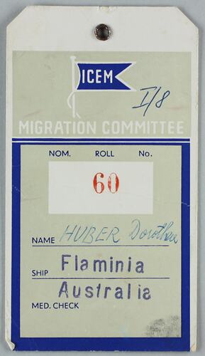 Baggage Label - ICEM Migration Committee, 'M/N Flaminia', 1959