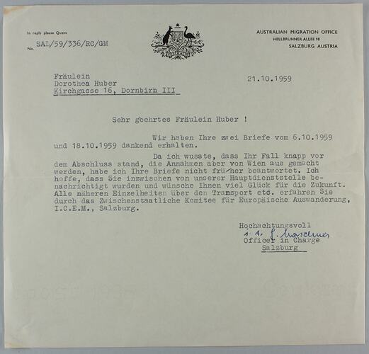 Letter - Australian Migration Office, Salzburg, to Dorothea Huber, 21 Oct 1959