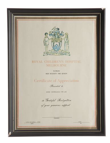 Certificate - Royal Children's Hospital Melbourne Appreciation, Presented to Kodak, Framed, 1990