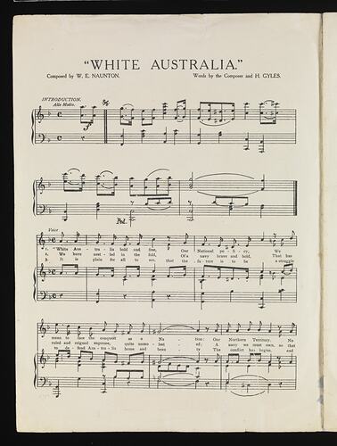 Sheet Music - W.E. Naunton & H.J.W. Gyles, 'White Australia', 1910