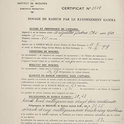 Certificate - Radium Certificate of Purity 1927