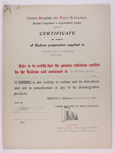 Radium Certificate of Purity.