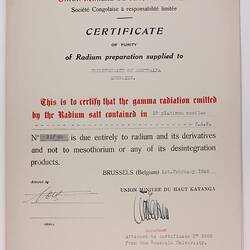 Radium Certificate of Purity.