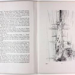 Open book page with printed text on right page and illustration of river and shore on left page.