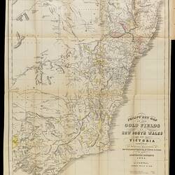 White page with black printed map of New South Wales and Victoria.