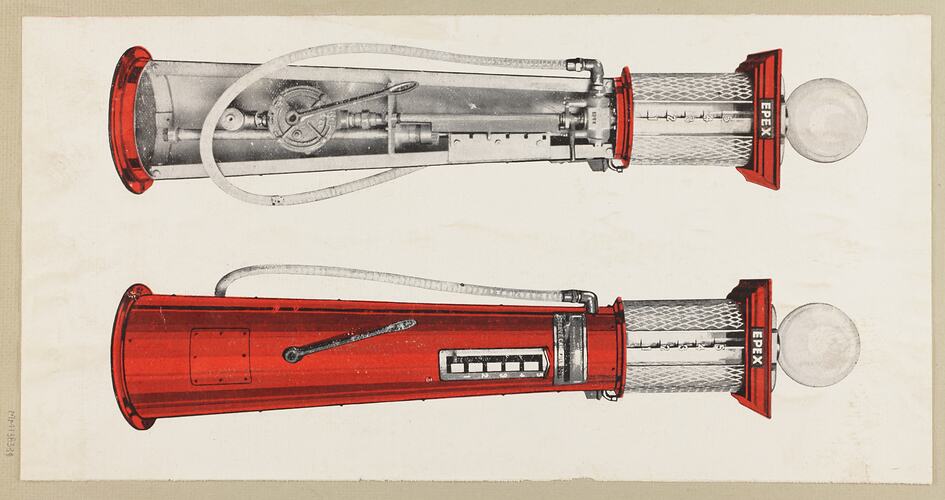 Coloured photograph of a single cylinder petrol pump.