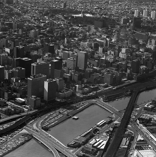 Monochrome aerial photograph of Melbourne.