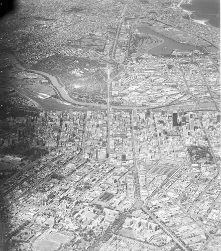 Monochrome aerial photograph of Melbourne.