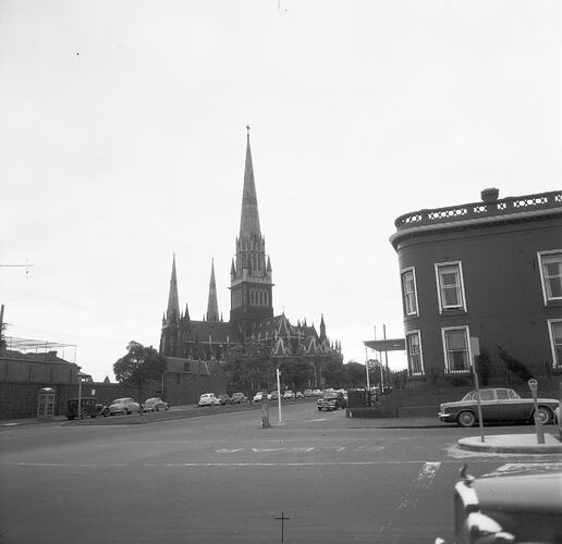 Monochrome photograph of St Patrick's Cathedral.
