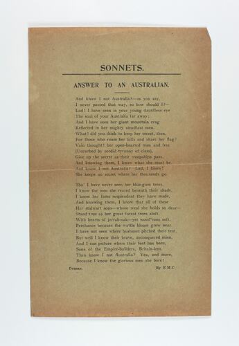 Single page on coarse brown stock with printed text, darkened around edges and centre fold.