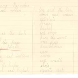 Document - Maureen Munachen, to Dorothy Howard, List of Games, 1955