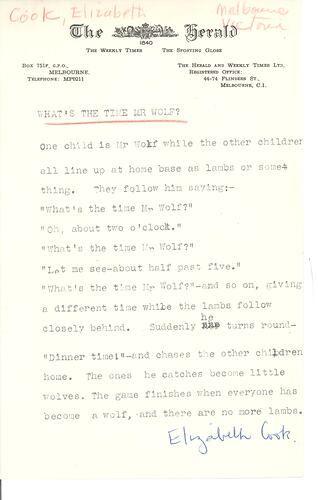 First page of typed game descriptions in black ink on paper