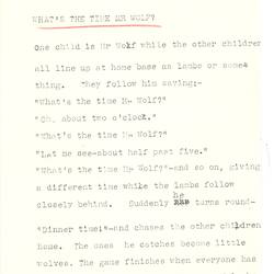 Document - Elizabeth Cook, to Dorothy Howard, Descriptions of 'What's the Time Mr Wolf' & 'Rats & Rabbits', 1954-1955