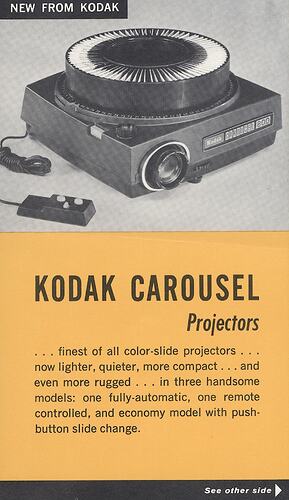 Small leaflet with text and photograph of projector.