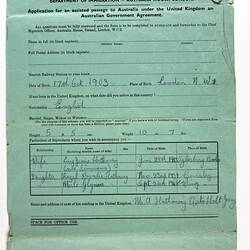 Application Form - Assisted Passage, Hathaway Family, Dept of Immigration, Australia House London, circa 1950