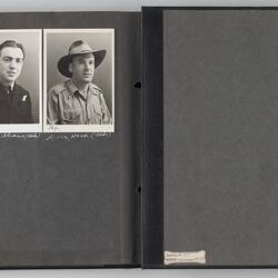 Open photo album with six photographs of men in military uniform.