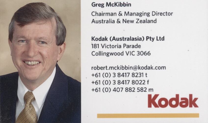 Business Card - Greg McKibbin, Chairman & Managing Director, Kodak Australasia Pty Ltd, circa 2005