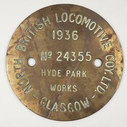 Locomotive Builders Plate - North British Locomotive Co., Glasgow, Scotland, 1936
