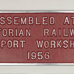 Rollingstock Builders Plate - Victorian Railways, Newport Workshops, 1956