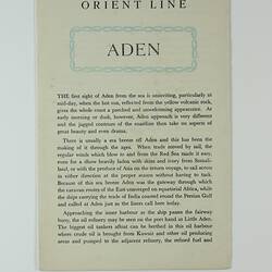 Booklet - 'Aden',  Orient Line, 1955