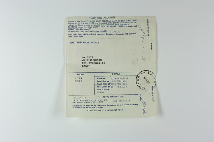 Telephone Account - John Woods, Lalor, Due 30 Sep 1963