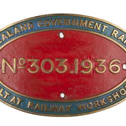 Locomotive Builders Plate - New Zealand Government Railways, Gracefield, New Zealand, 1936