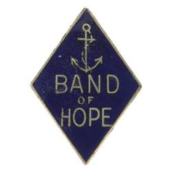 Diamond-shaped metal lapel pin with blue enamel and silver text and image of anchor.