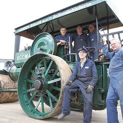 Crew with Restored Cowley Steam Road Roller on Arena, Scienceworks, 2007