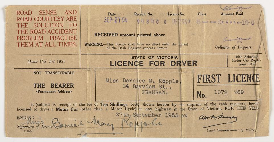 Driver's Licence - Bernice Kopple, Victoria, 27 Sep 1954, Obverse