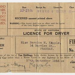Driver's Licence - Bernice Kopple, Victoria, 27 Sep 1954, Obverse