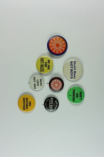 Badges from the anti-Vietnam war protests