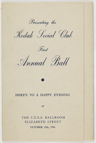 Programme - Kodak Australasia Pty Ltd, 'First Annual Ball', Sydney, 12 Oct 1946, Cover