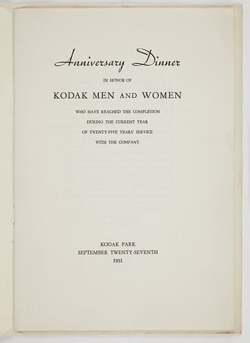 Front cover of programme - Eastman Kodak Company, 'Anniversary Dinner', Rochester, USA, 27 Sep 1951