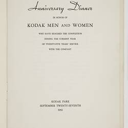 Front cover of programme - Eastman Kodak Company, 'Anniversary Dinner', Rochester, USA, 27 Sep 1951